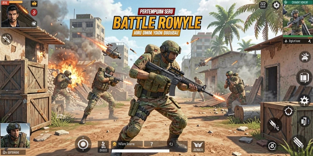 Tangkapan layar utama menunjukkan aksi seru dalam game Battle Royale.