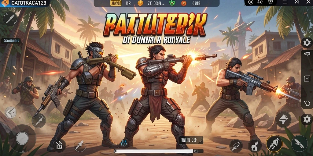 Tampilan seru pertempuran di GATOTKACA123 dengan aksi gameplay Battle Royale.