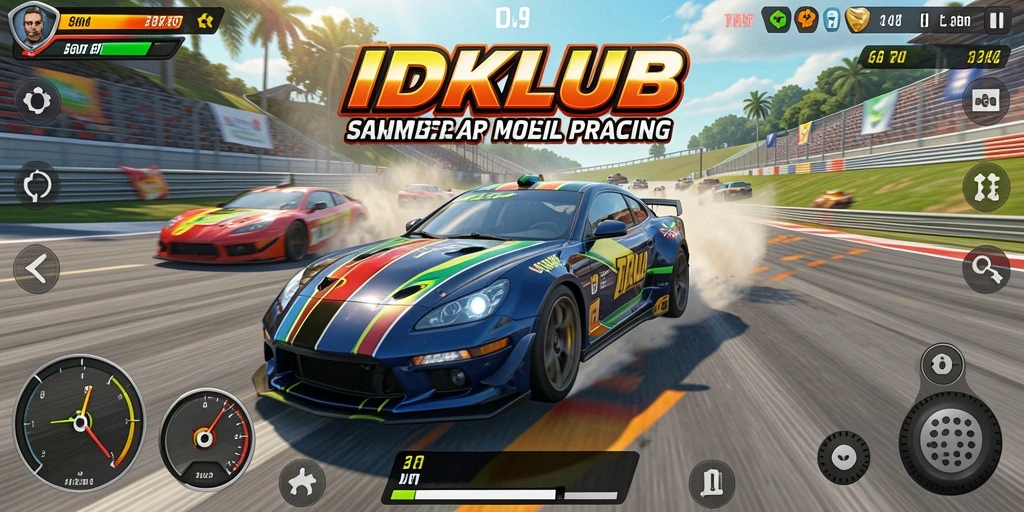 Screenshot gameplay IDKLUB yang menampilkan balapan mendebarkan.