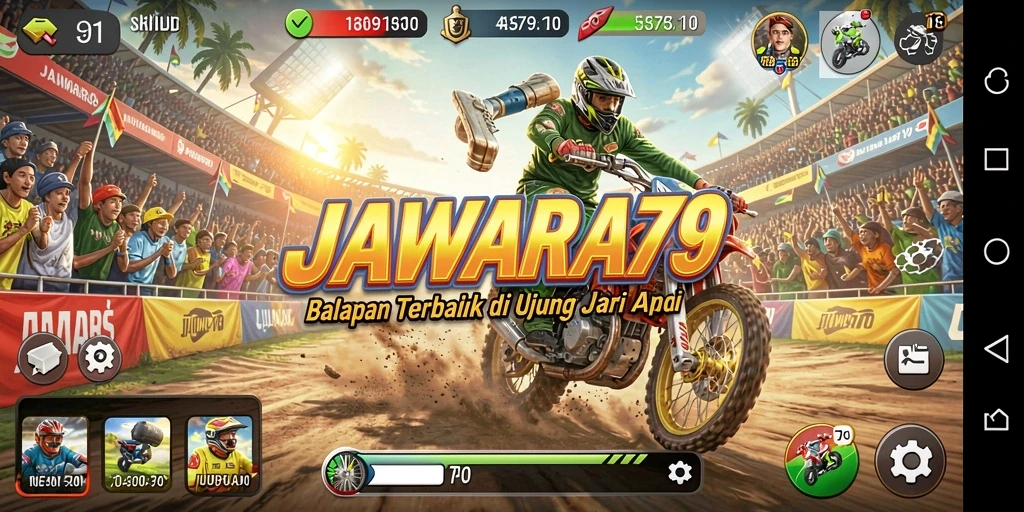 Tampilan gameplay JAWARA79 yang mendebarkan di lintasan balap.
