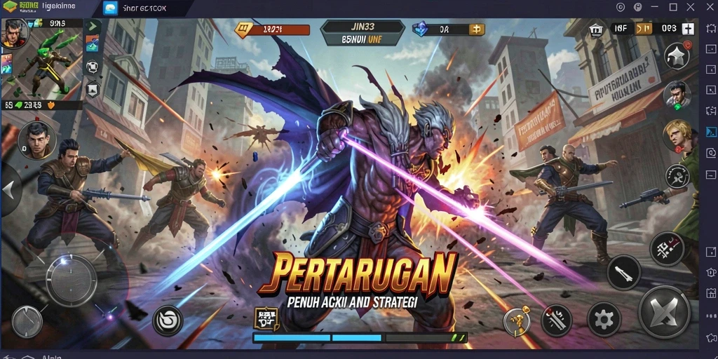 Screenshot gameplay JIN33 yang menampilkan pertarungan seru dan karakter beragam.
