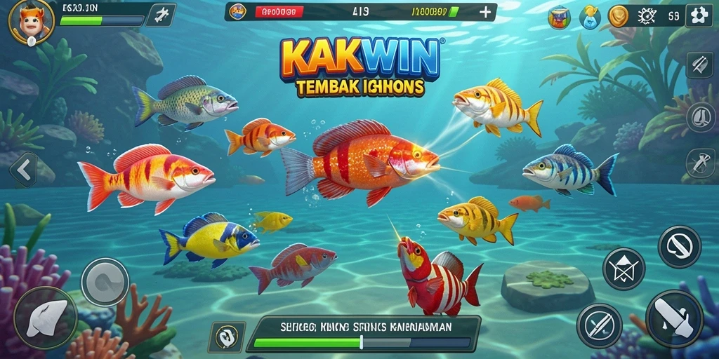 Screenshot gameplay KAKWIN menampilkan aksi menembak ikan yang seru.