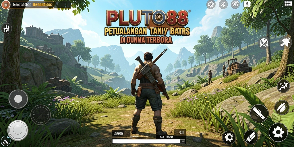 Tangkapan layar utama PLUTO88 menampilkan aksi petualangan di dunia terbuka.