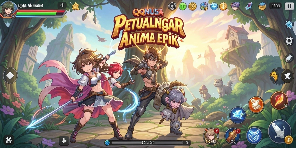 Tangkapan layar gameplay QQNUSA yang menampilkan karakter anime yang dinamis.